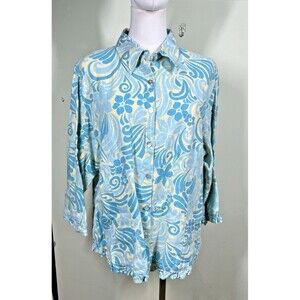 Aegean Womens Sz L Linen Blue Button-Front 3/4 Sleeve Blouse Beachy Resort Boho